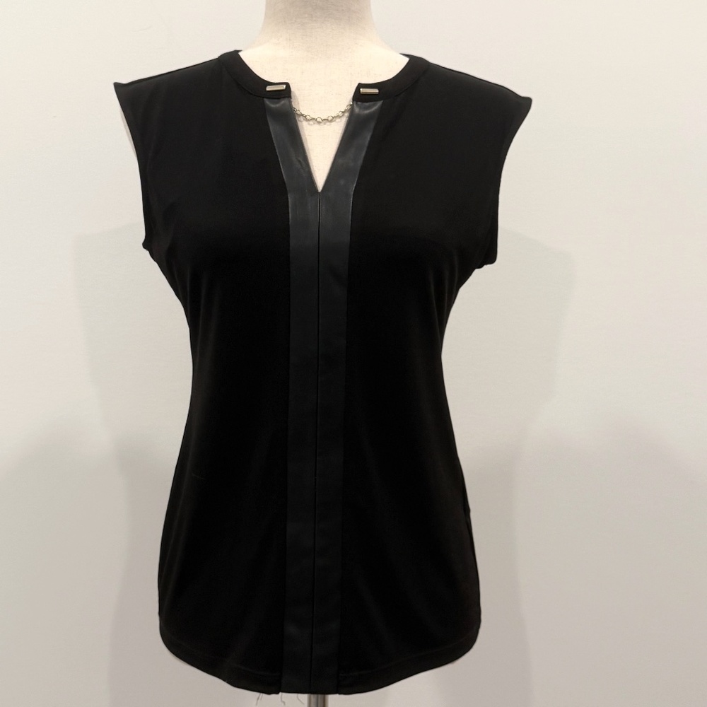 Calvin Klein black sleeveless faux leather and gold chain top